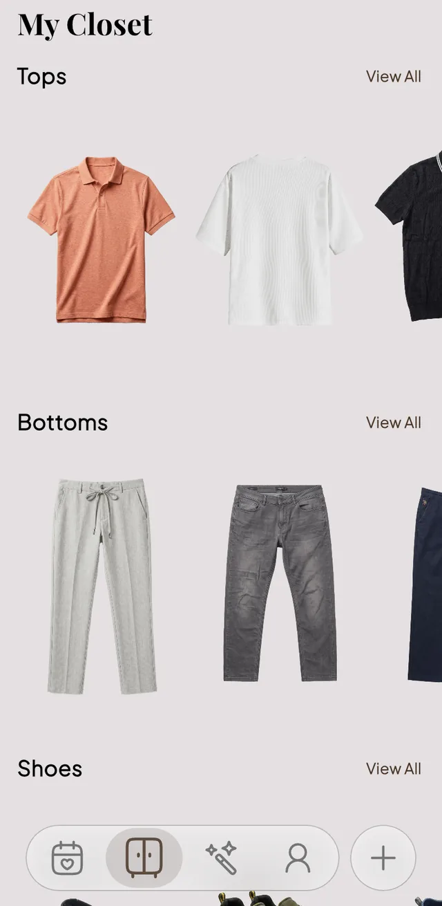 My Closet screen with tops, bottoms and shoes cut out on clean backgrounds
