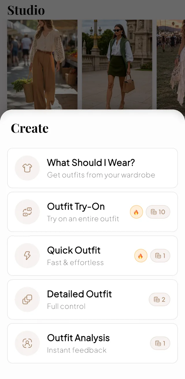 Create menu with What Should I Wear, Outfit Try-On, Quick Outfit and Outfit Analysis