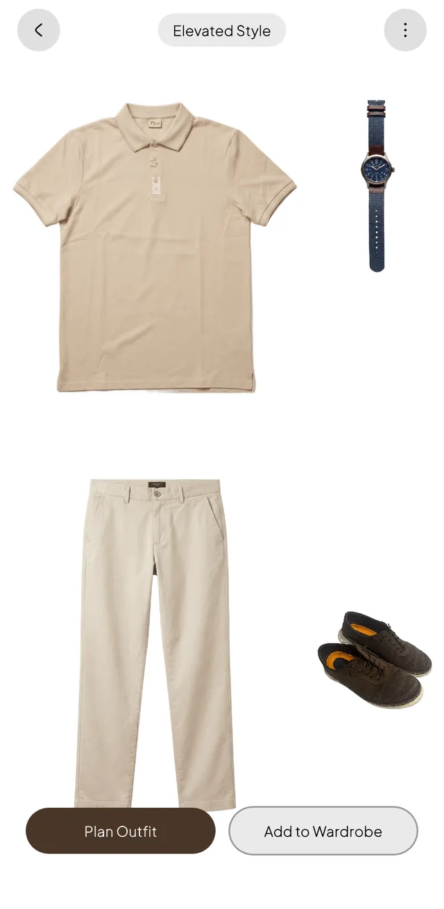 A single suggested outfit — polo, chinos, watch and shoes — ready to plan or save