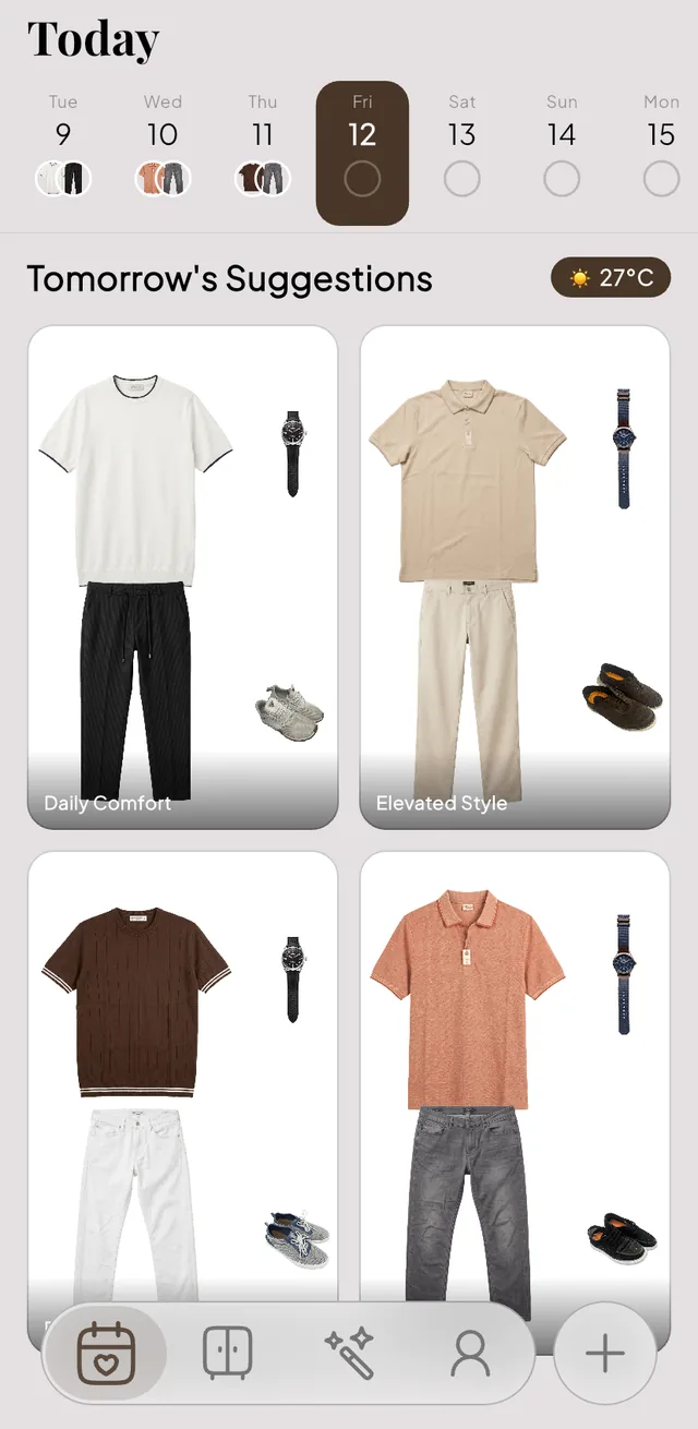 WellDrobe Today screen showing four outfit suggestions built from the user's own wardrobe